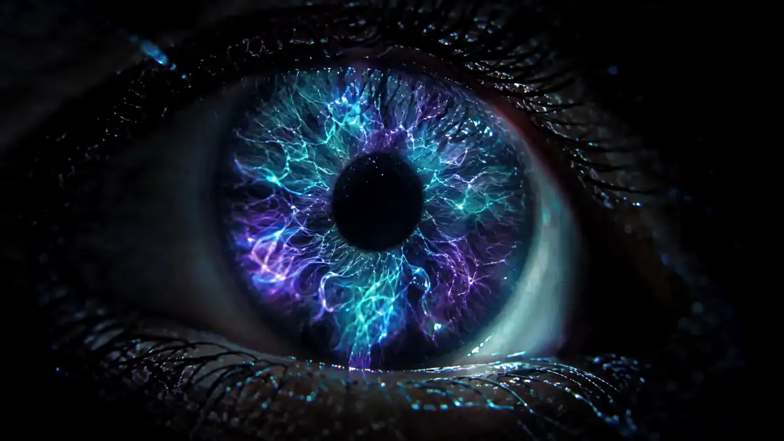 Ojo humano con el iris lleno de circuitos de luz cian y violeta
